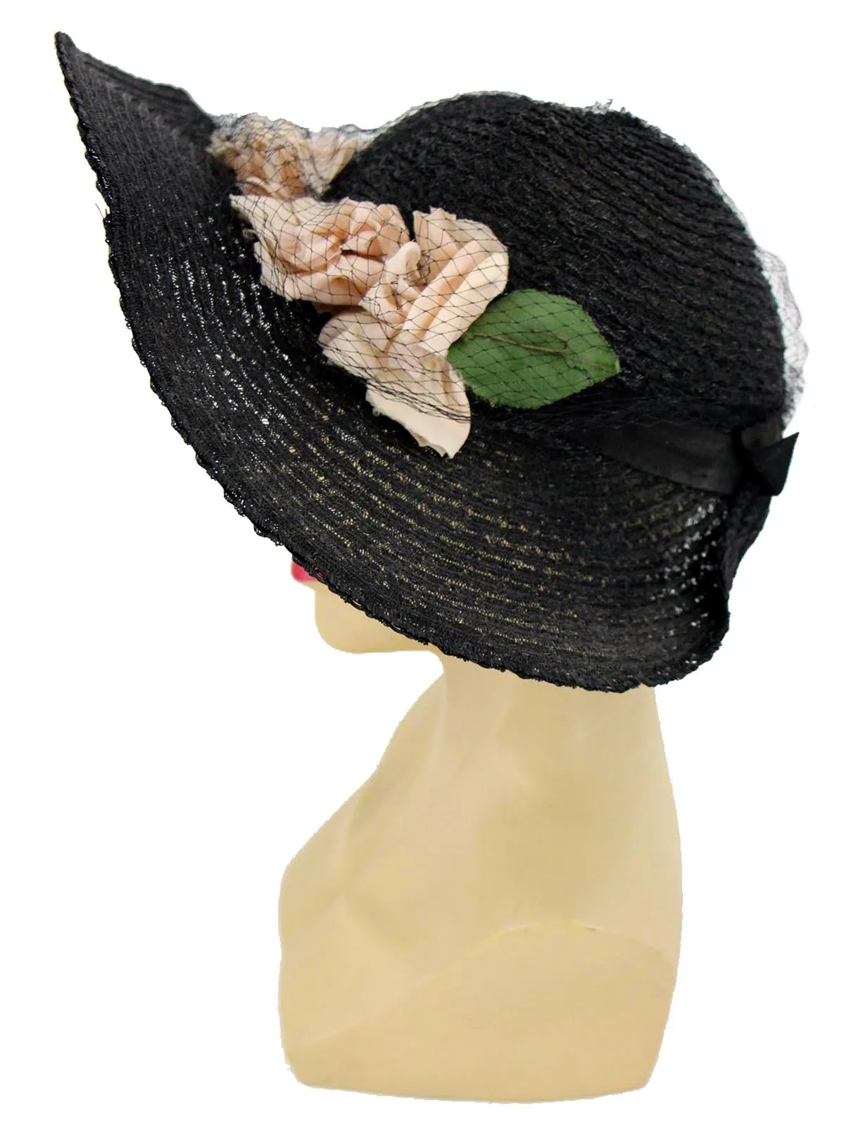 1940s Vintage Halo Hat with Pink Floral Trim