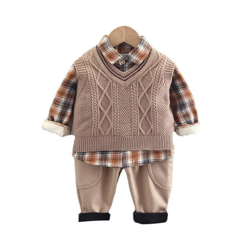 3 Pieces Set Baby Kid Boys Checked Shirts And Crochet Vests Waistcoats And Solid Color Pants