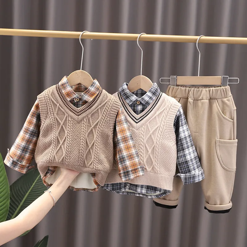 3 Pieces Set Baby Kid Boys Checked Shirts And Crochet Vests Waistcoats And Solid Color Pants