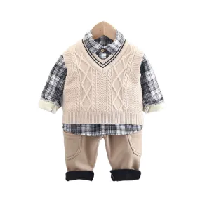 3 Pieces Set Baby Kid Boys Checked Shirts And Crochet Vests Waistcoats And Solid Color Pants