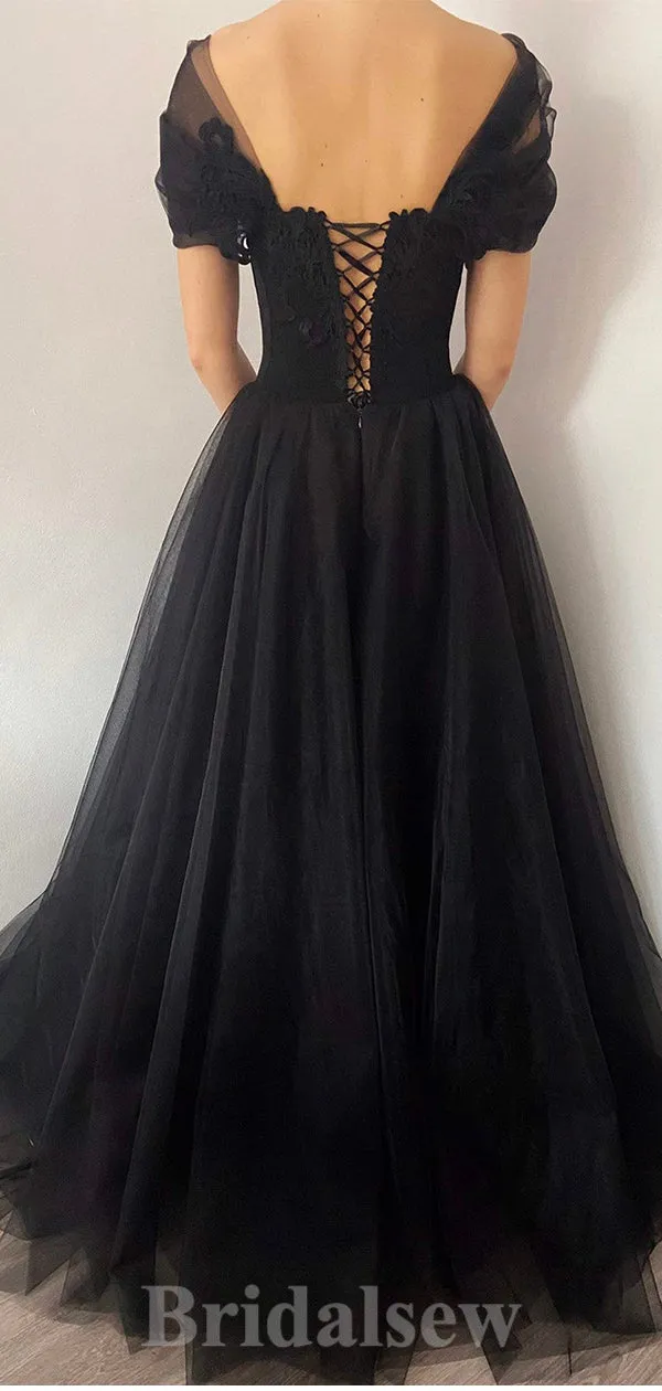 A-line Black Cap Sleeves Tulle Modest Princess Long Women Evening Prom Dresses PD736