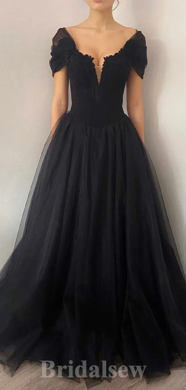 A-line Black Cap Sleeves Tulle Modest Princess Long Women Evening Prom Dresses PD736