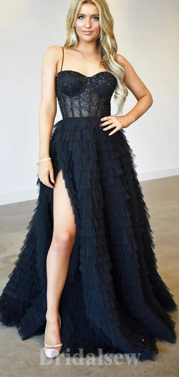 A-line Black Unique Stylish Spaghetti Straps Long Women Evening Prom Dresses PD851