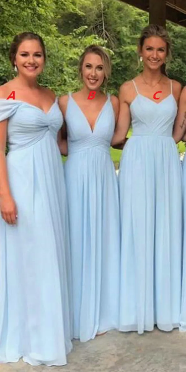 A-line Blue Mismatched Chiffon Elegant Formal Long Bridesmaid Dresses BD032