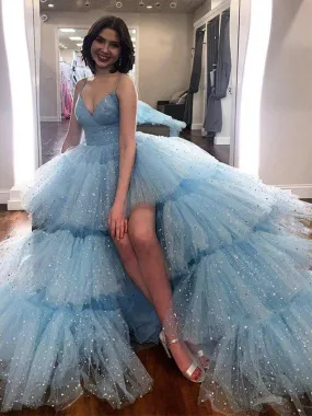 A-line Blue Sequin Tulle Fashion Gorgeous Formal Long Prom Dresses PD250