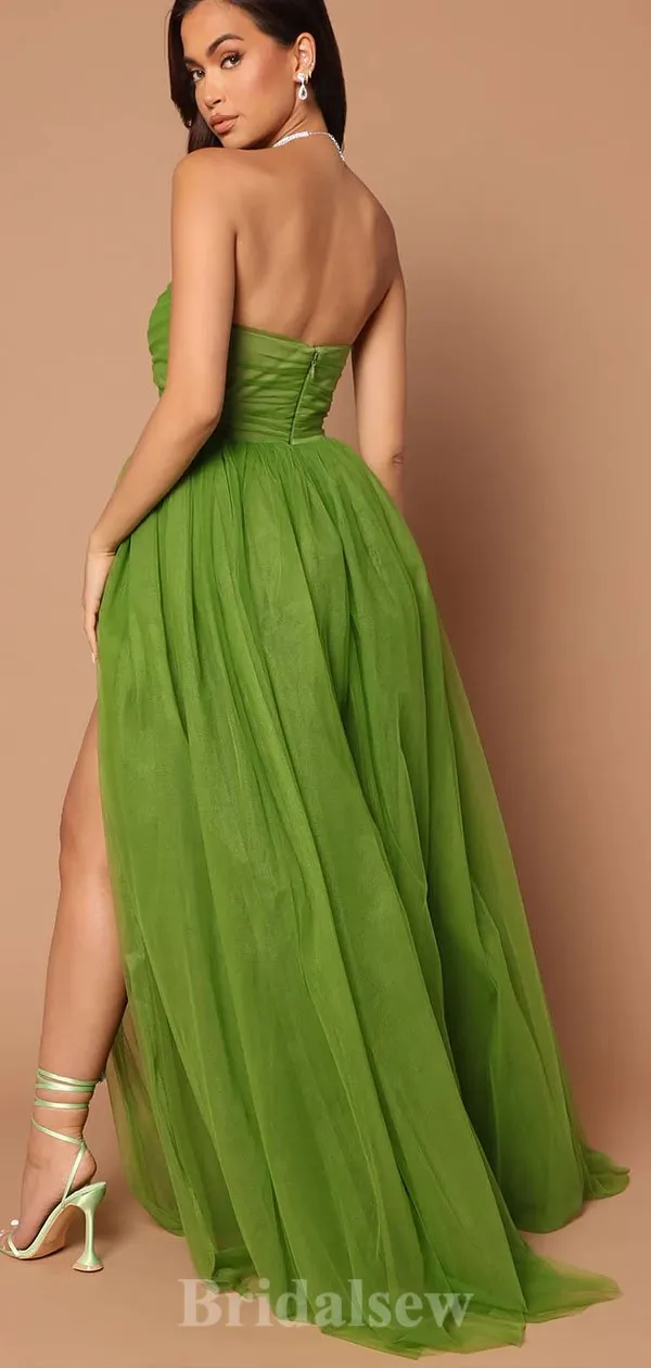 A-line Green Strapless Elegant Tulle Fashion Long Party Evening Prom Dresses, PD1268