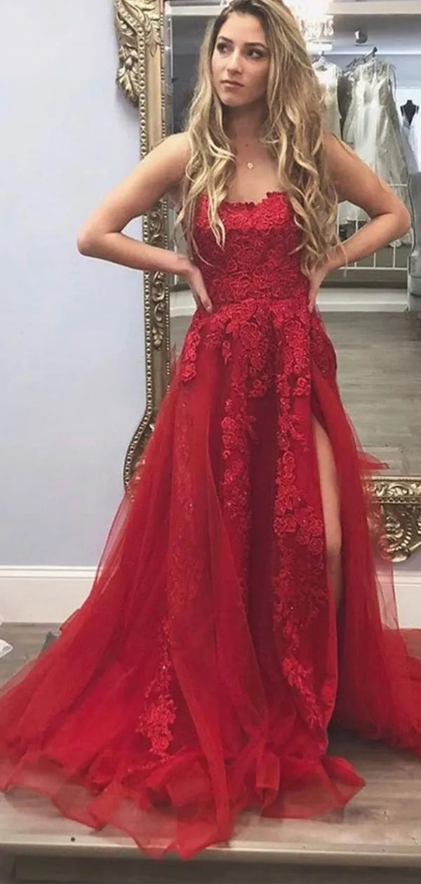 A-line Red Lace Custom Elegant Party Modest Long Prom Dresses with Slit PD246