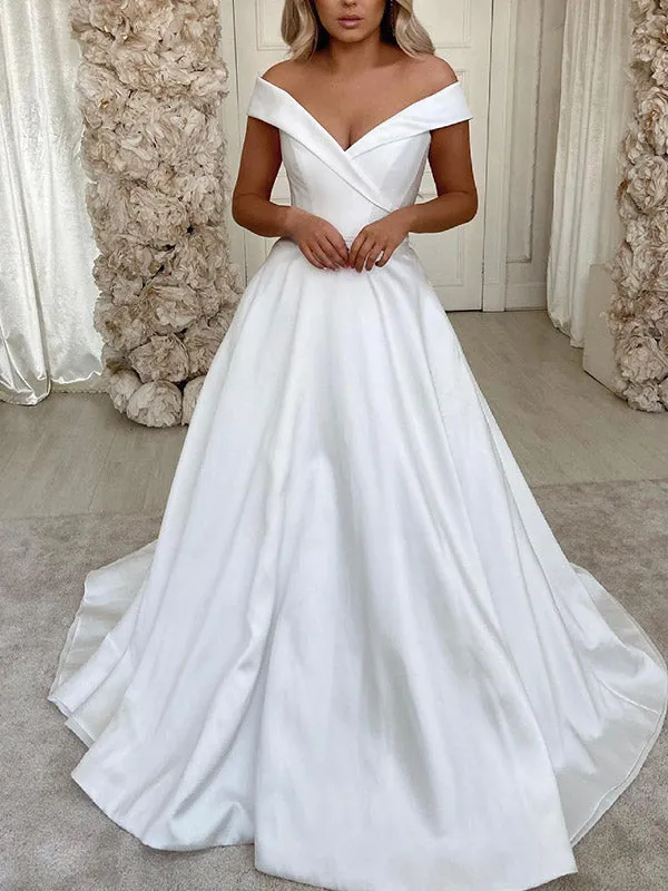 A-line Satin V-Neck Sleeveless Vintage Dream Beach Long Wedding Dresses WD258