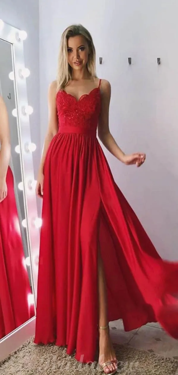 A-line Spaghetti Straps Red Sleeveless Modest Long Prom Dresses, Ball Gown PD438