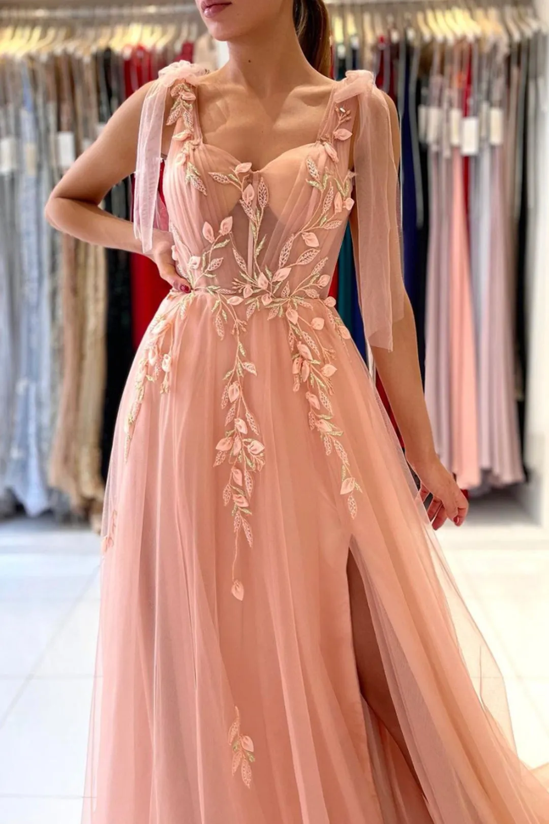 A-line Tulle Elegant Fashion Side Slit Princess Formal Long Evening Prom Dresses PD280