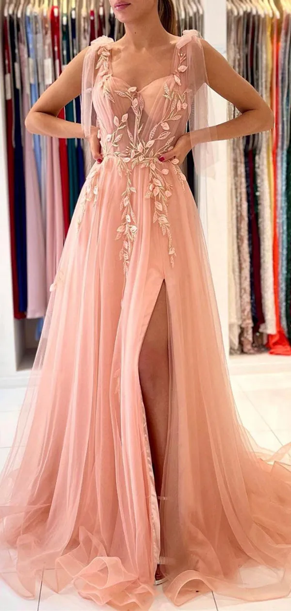 A-line Tulle Elegant Fashion Side Slit Princess Formal Long Evening Prom Dresses PD280