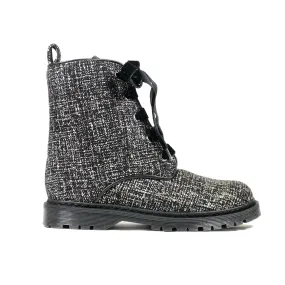 'Billie' vegan combat boots by Zette Shoes - Silver/Black textile