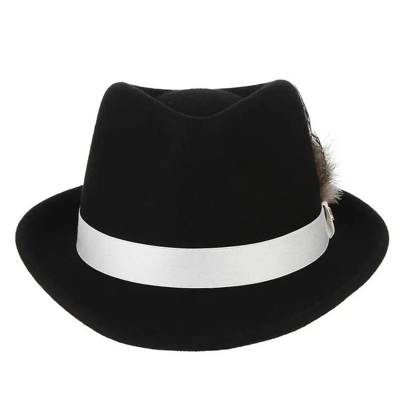 Black European Style Curved Brim Wool Felt Fedora Trilby Hat with Feathers on White Hatband