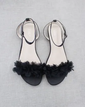 Black Satin Flat Sandal with Chiffon Flowers and Ankle Strap