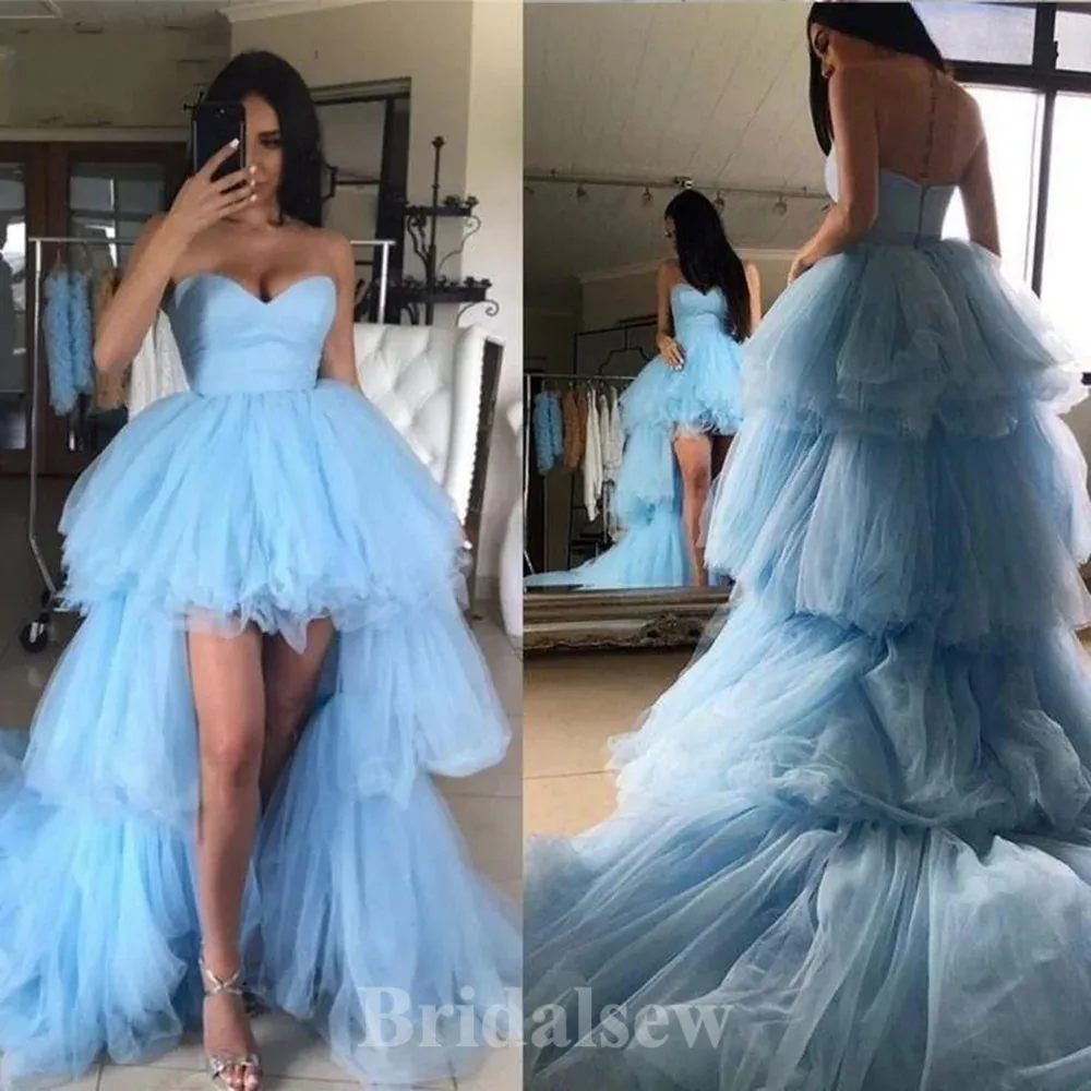 Blue Tulle High-low New Modest Elegant Long Women Evening Prom Dresses PD812