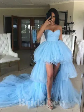 Blue Tulle High-low New Modest Elegant Long Women Evening Prom Dresses PD812