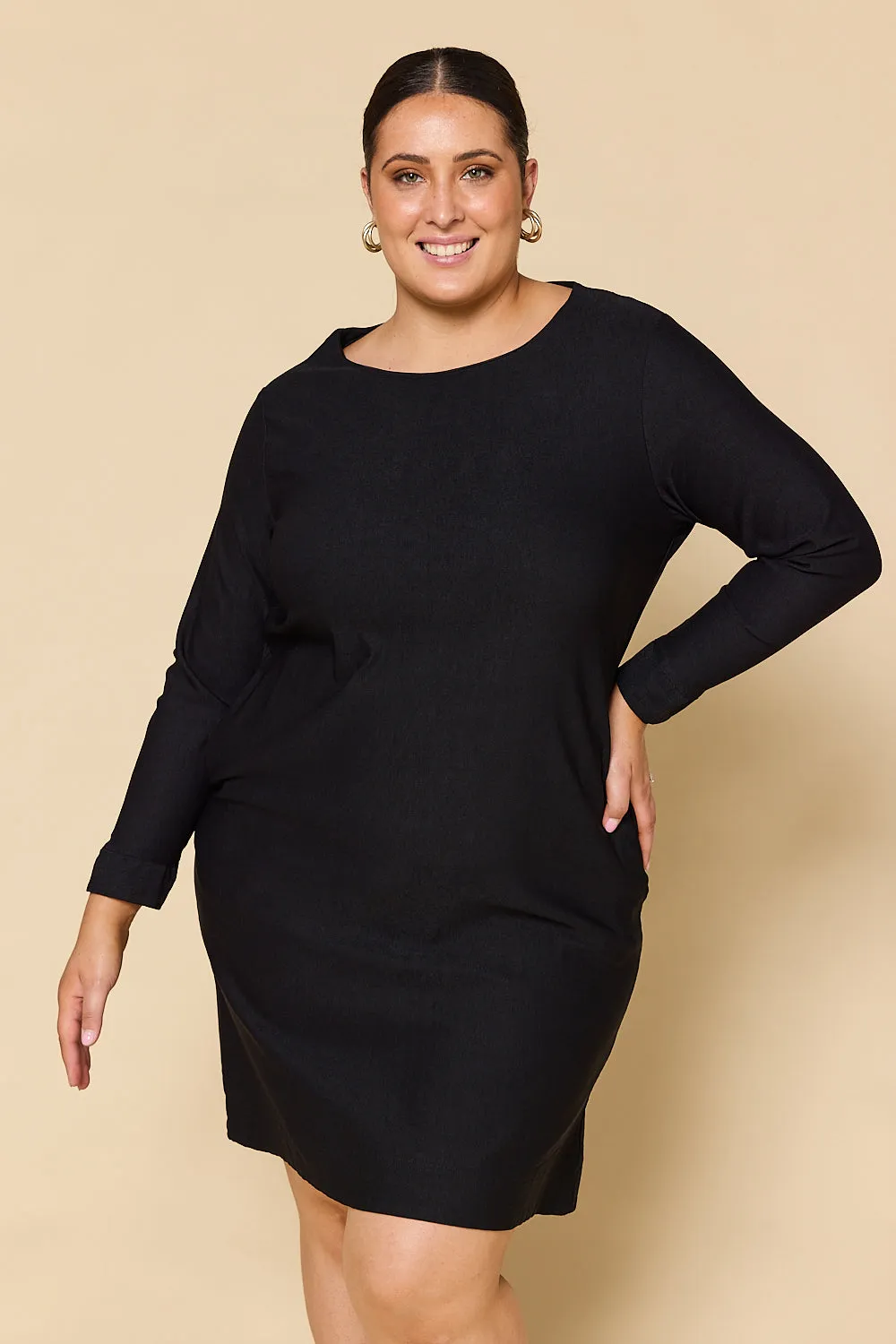 Boatneck Ponte Long Sleeve Dress in Black