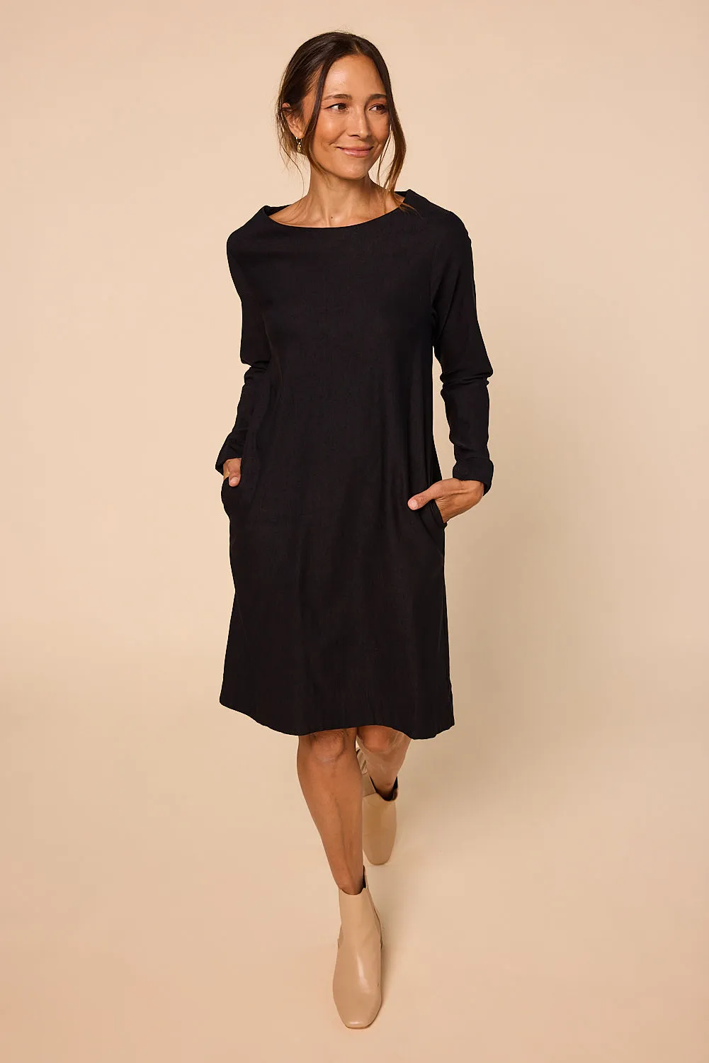 Boatneck Ponte Long Sleeve Dress in Black