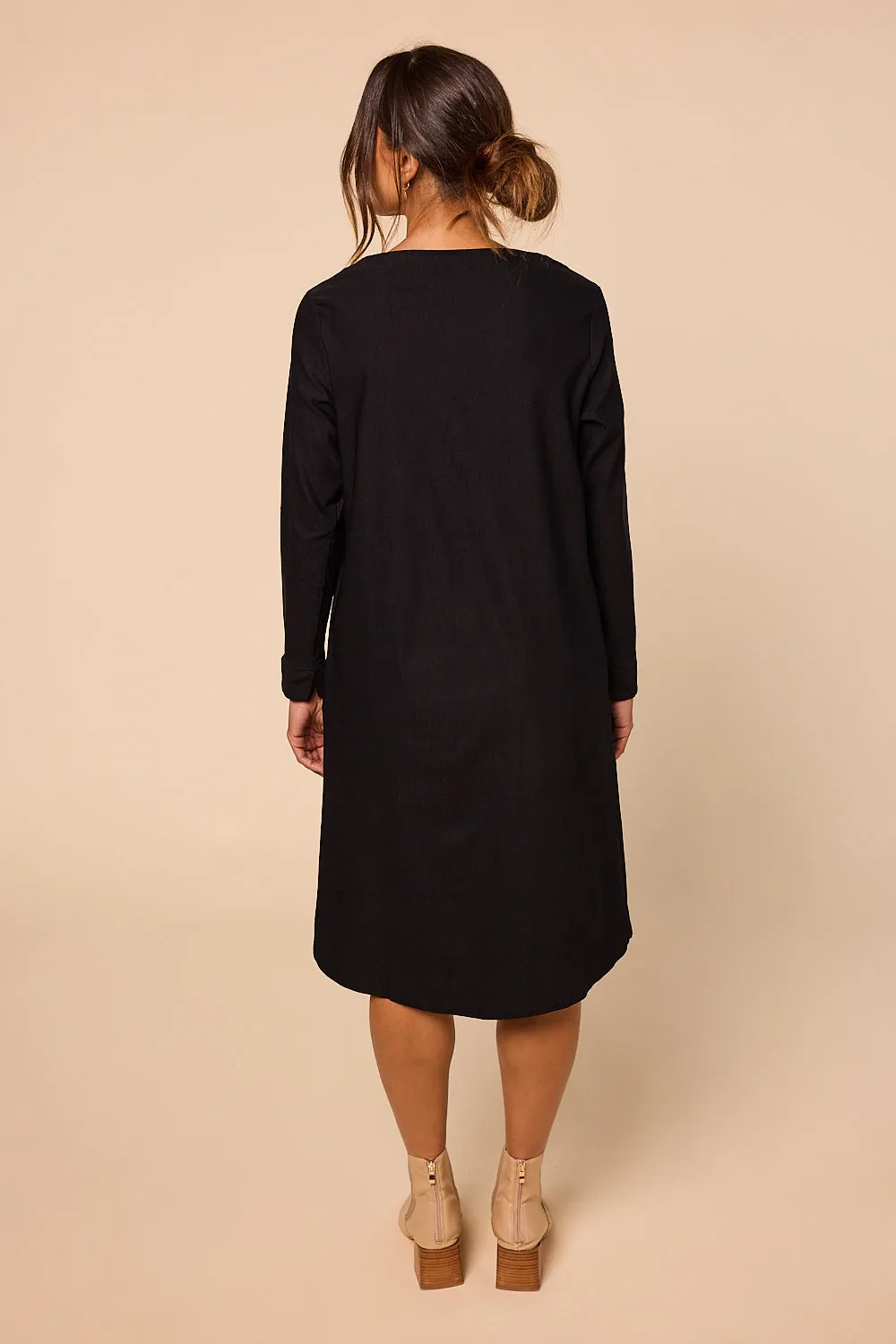 Boatneck Ponte Long Sleeve Dress in Black