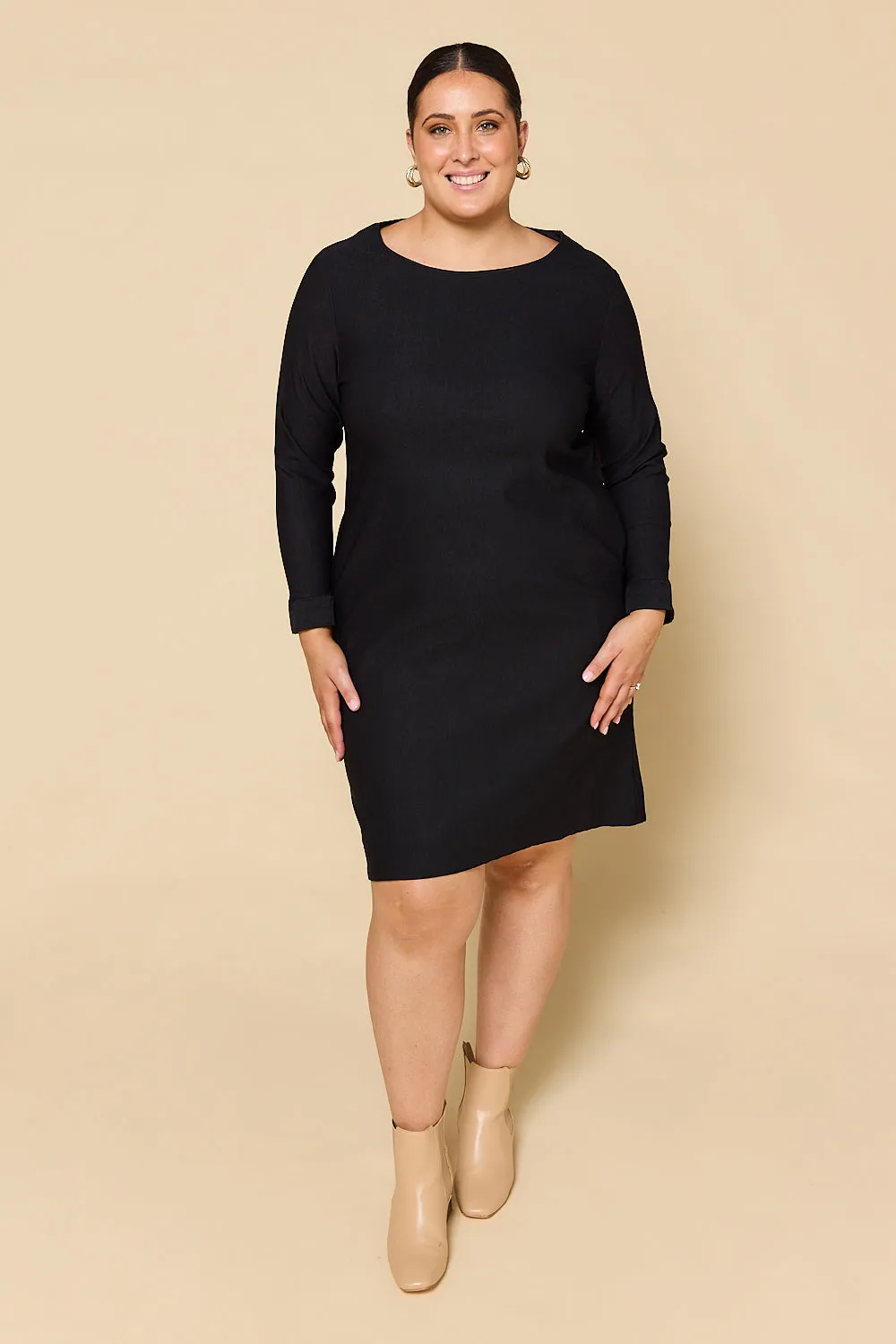 Boatneck Ponte Long Sleeve Dress in Black