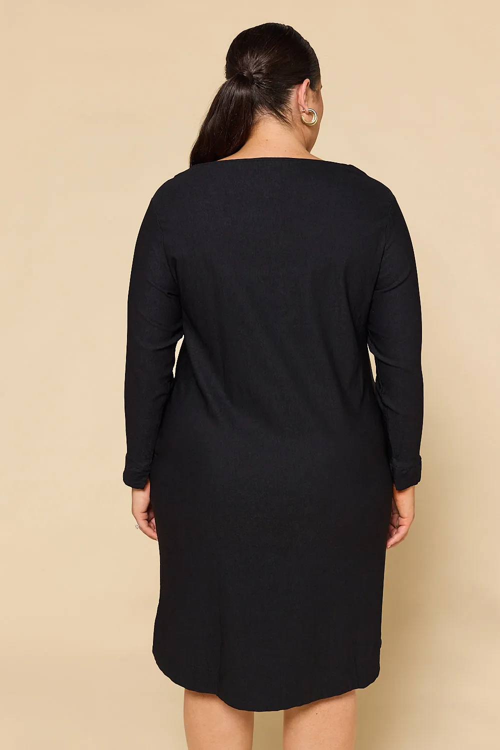 Boatneck Ponte Long Sleeve Dress in Black