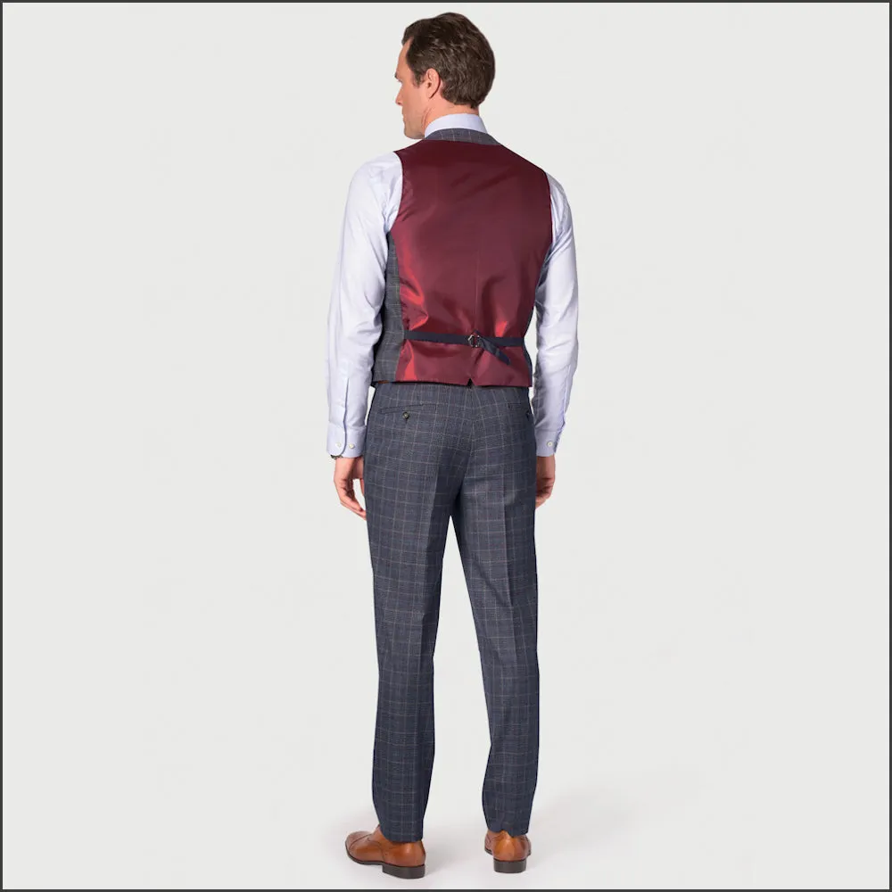 BROOK TAVERNER Blue POW with Wine Overcheck Suit Waistcoat***