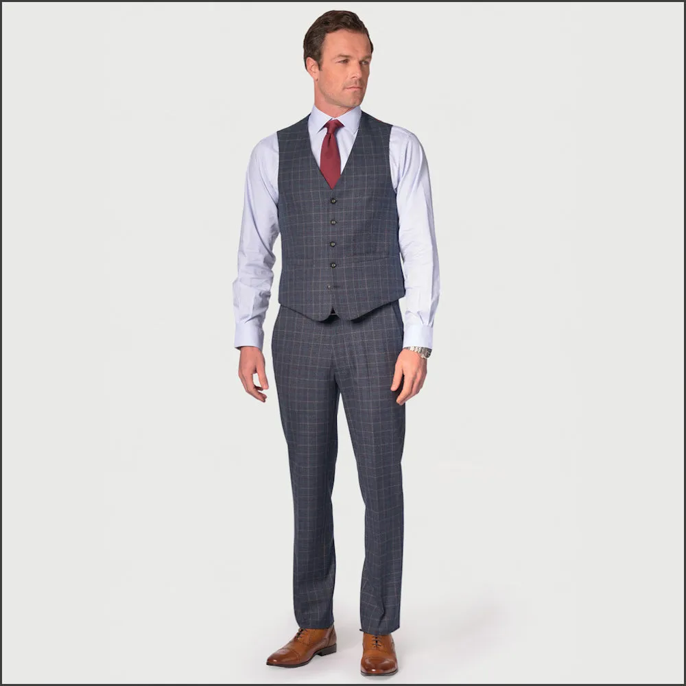 BROOK TAVERNER Blue POW with Wine Overcheck Suit Waistcoat***