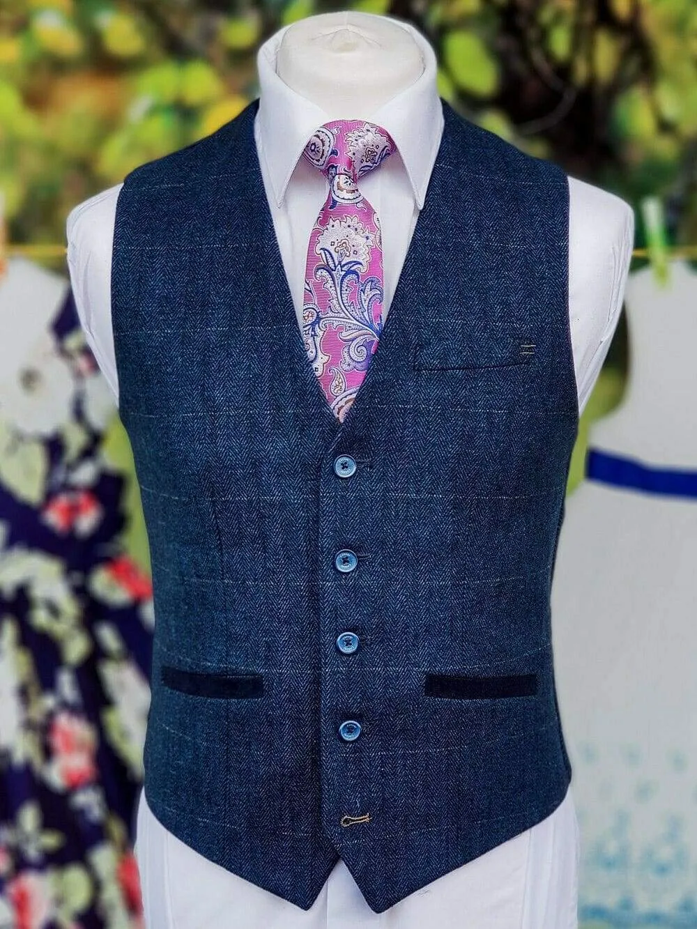 Cavani Carnegi Men's Blue Slim Fit tweed Check Waistcoat