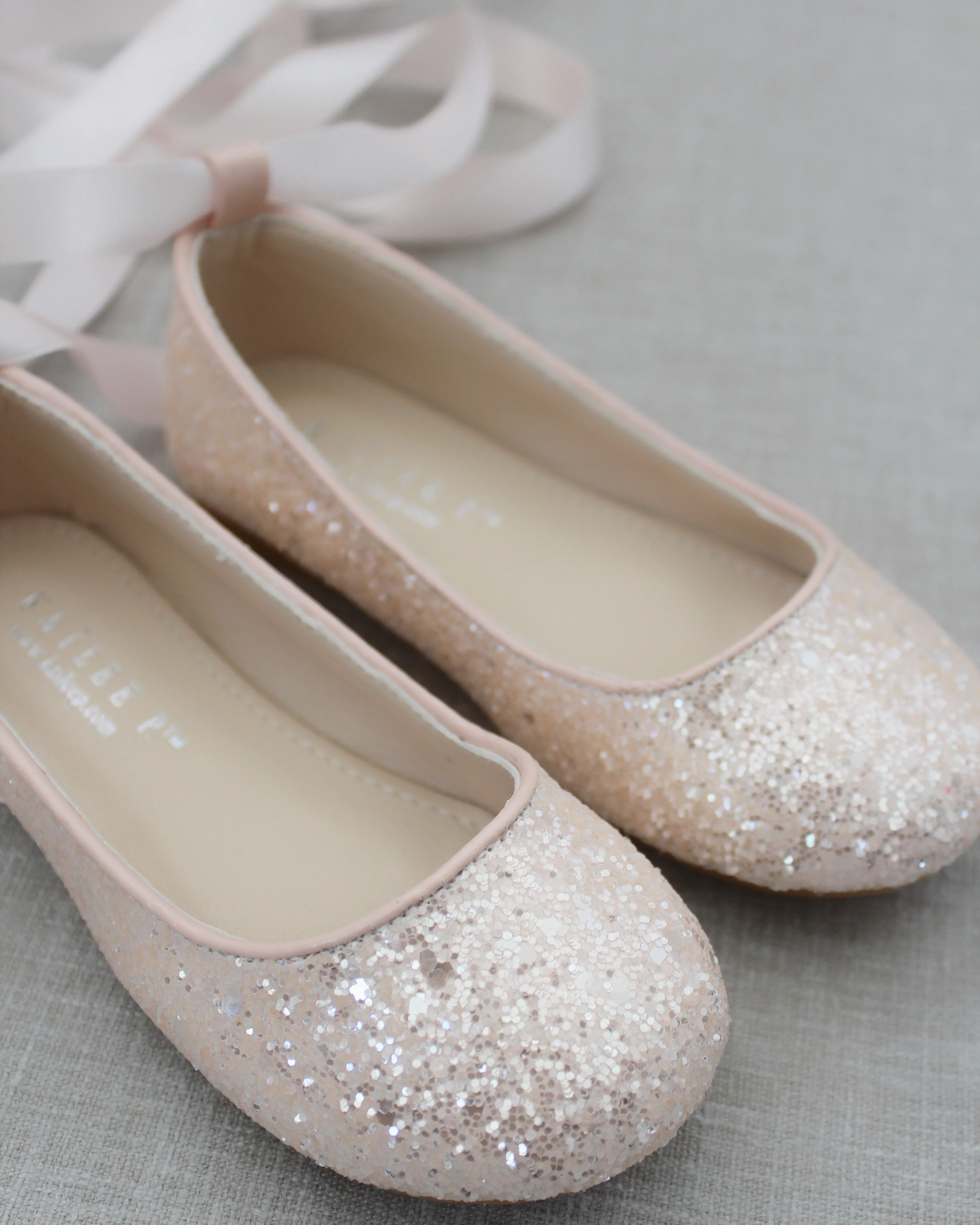 Dusty Pink Rock Glitter Ballet Flats with Satin Ankle Strap