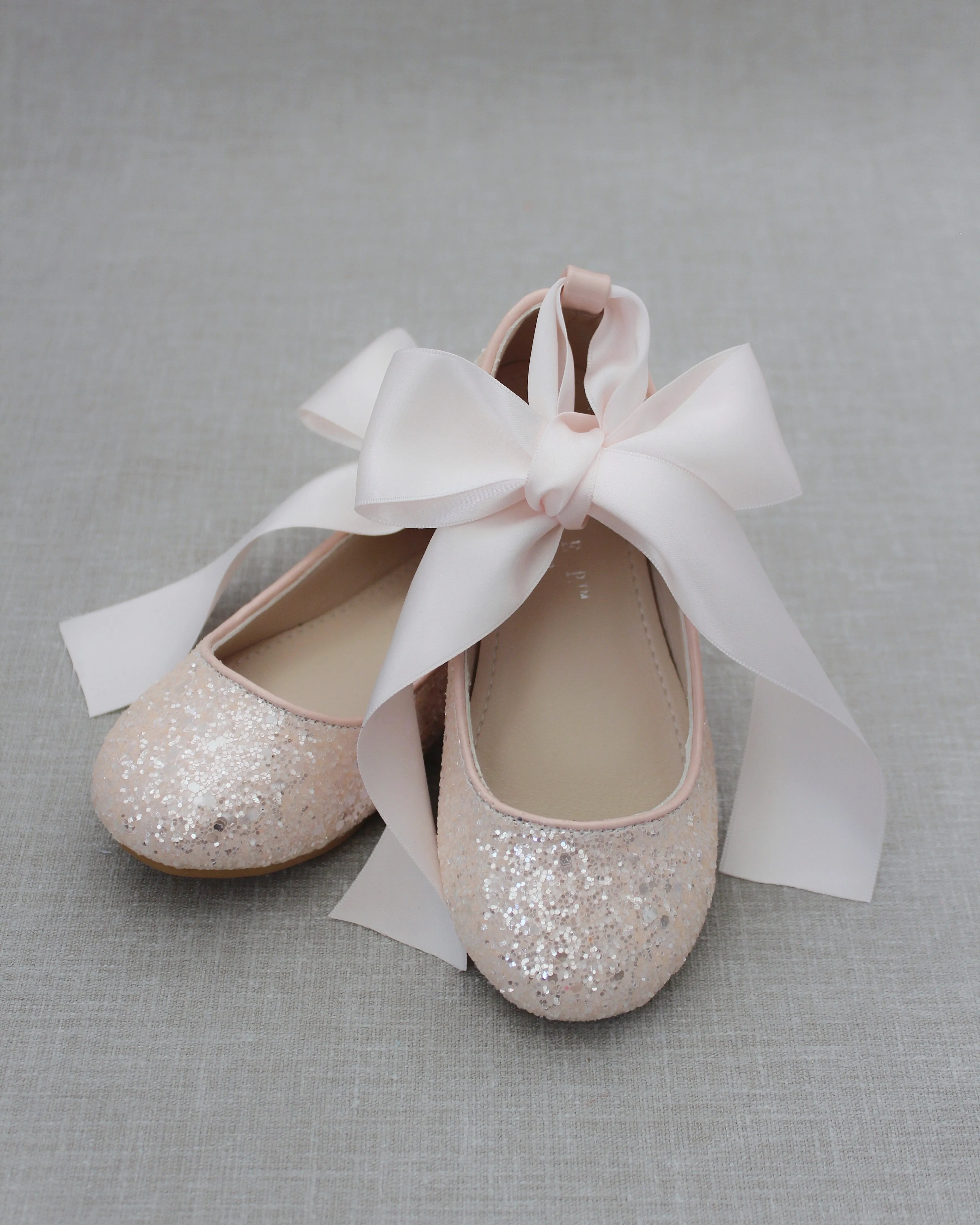 Dusty Pink Rock Glitter Ballet Flats with Satin Ankle Strap