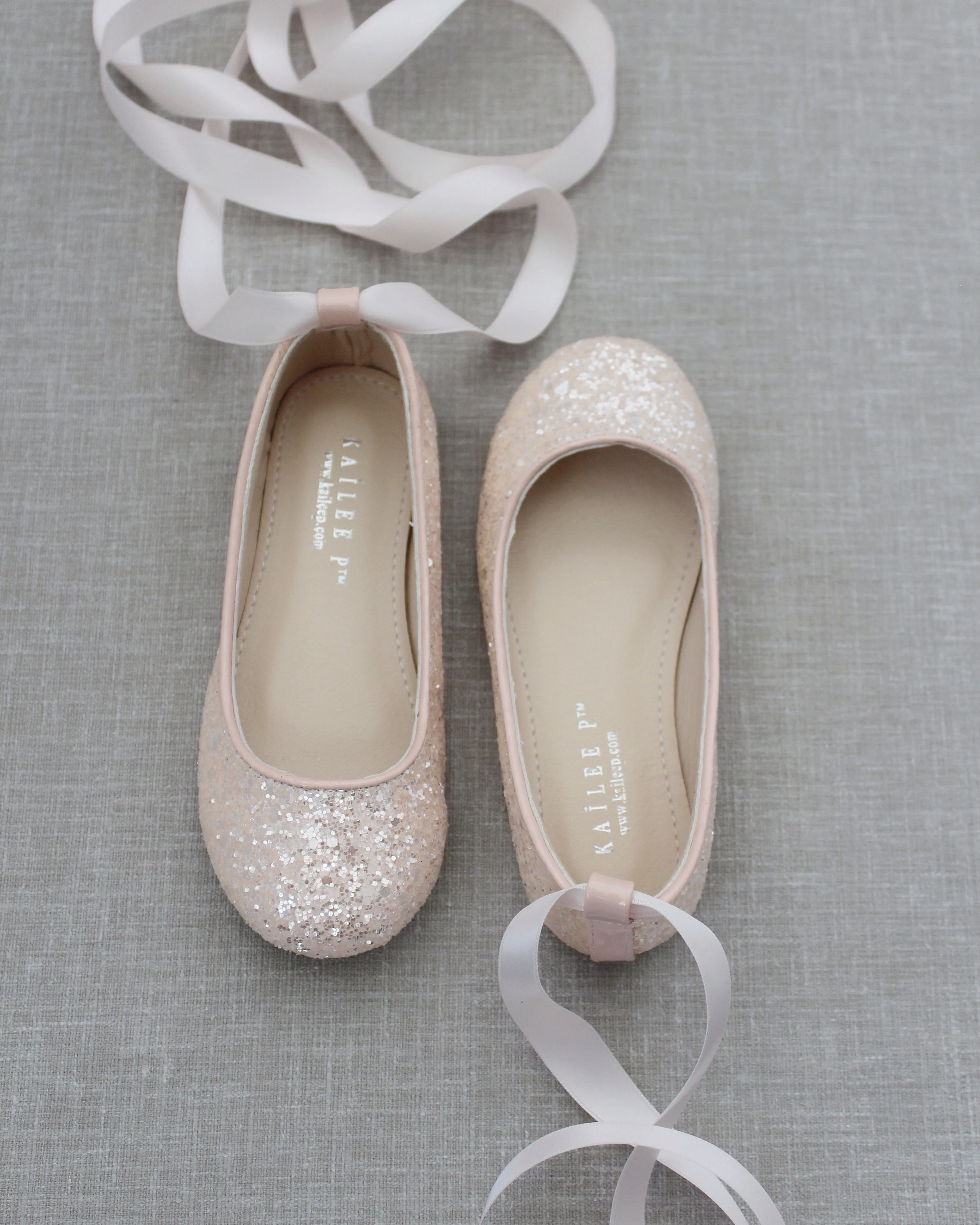 Dusty Pink Rock Glitter Ballet Flats with Satin Ankle Strap