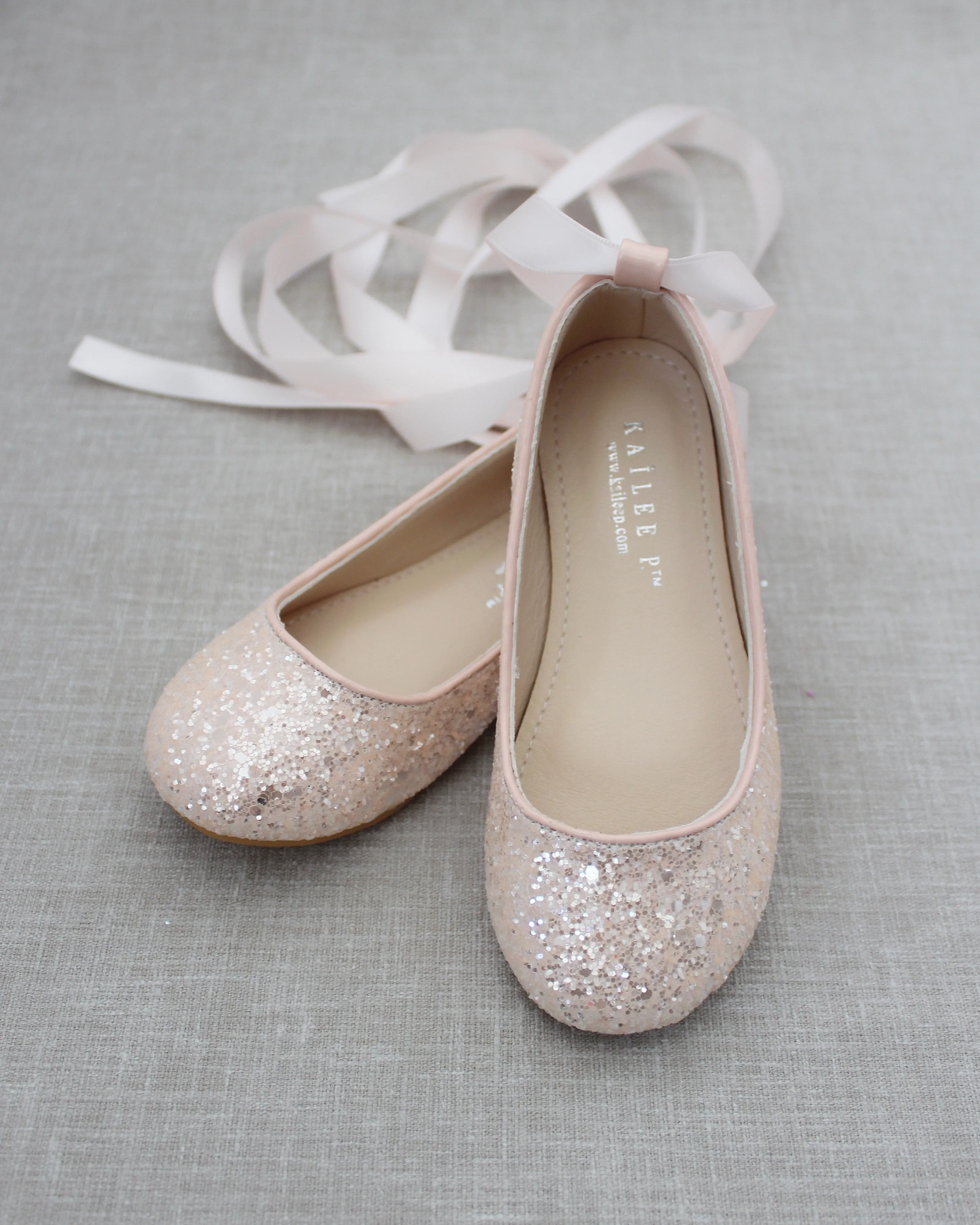 Dusty Pink Rock Glitter Ballet Flats with Satin Ankle Strap