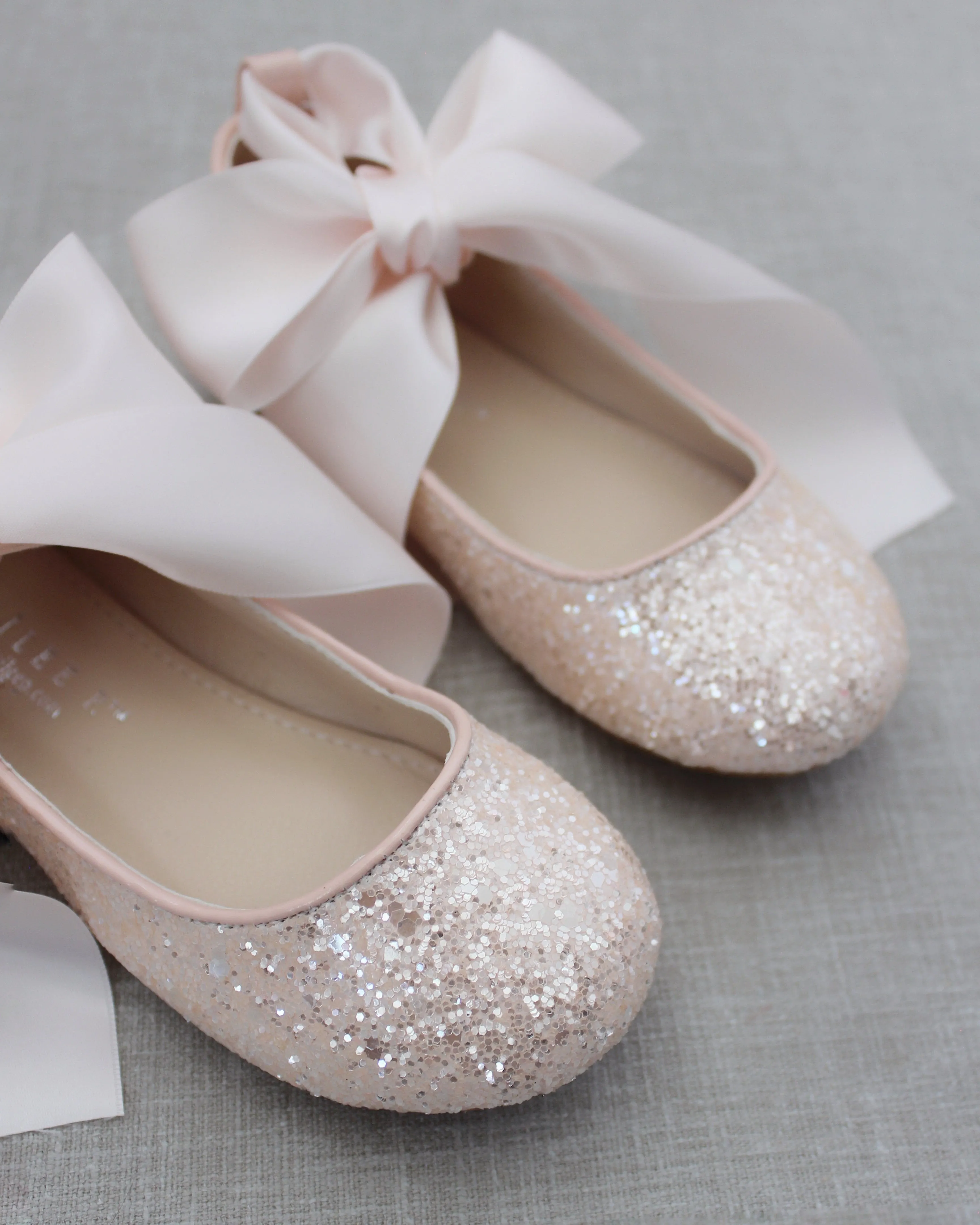 Dusty Pink Rock Glitter Ballet Flats with Satin Ankle Strap