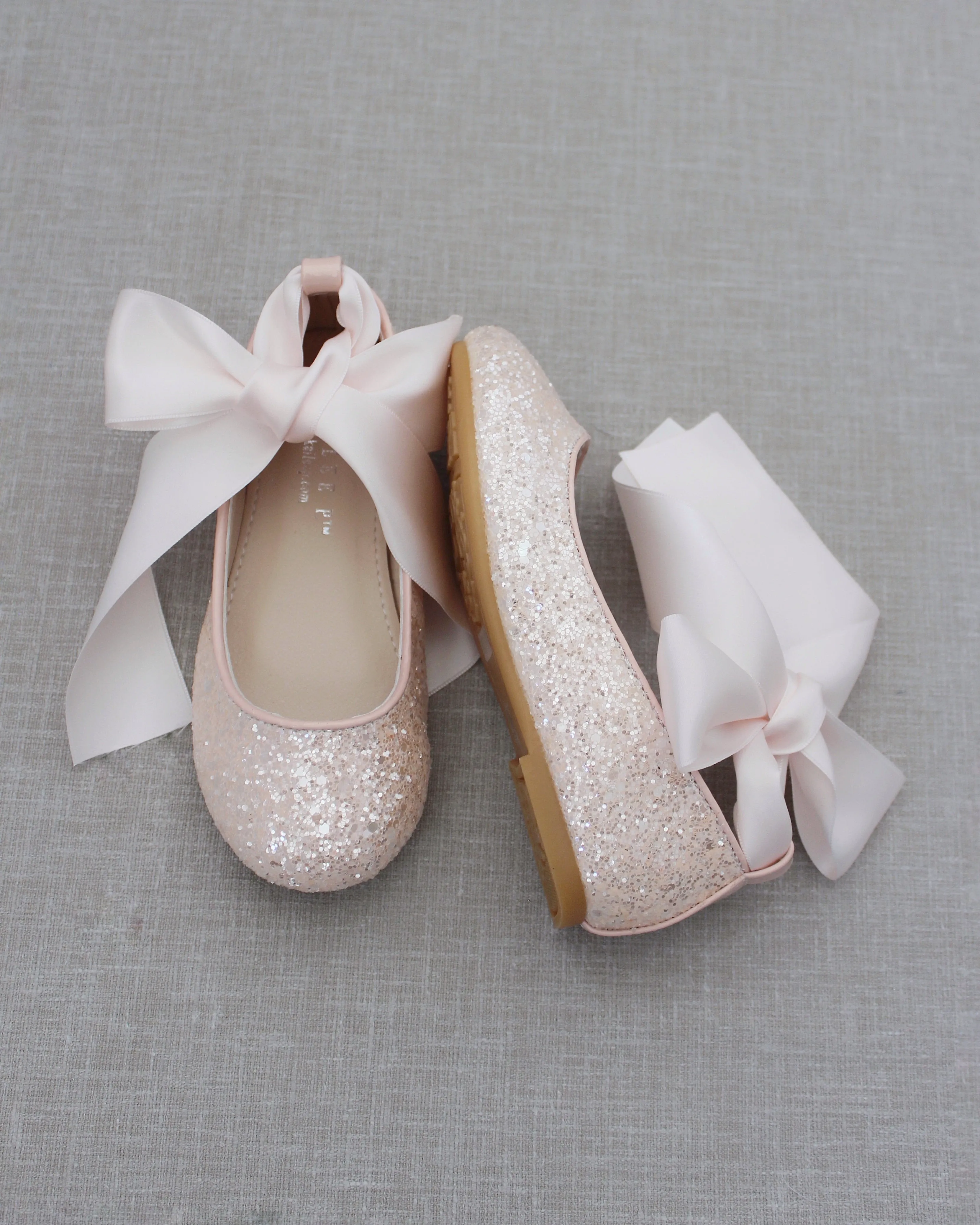 Dusty Pink Rock Glitter Ballet Flats with Satin Ankle Strap