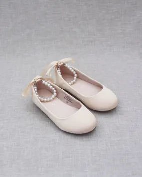 Champagne Satin Flats with Pearls Ankle Strap