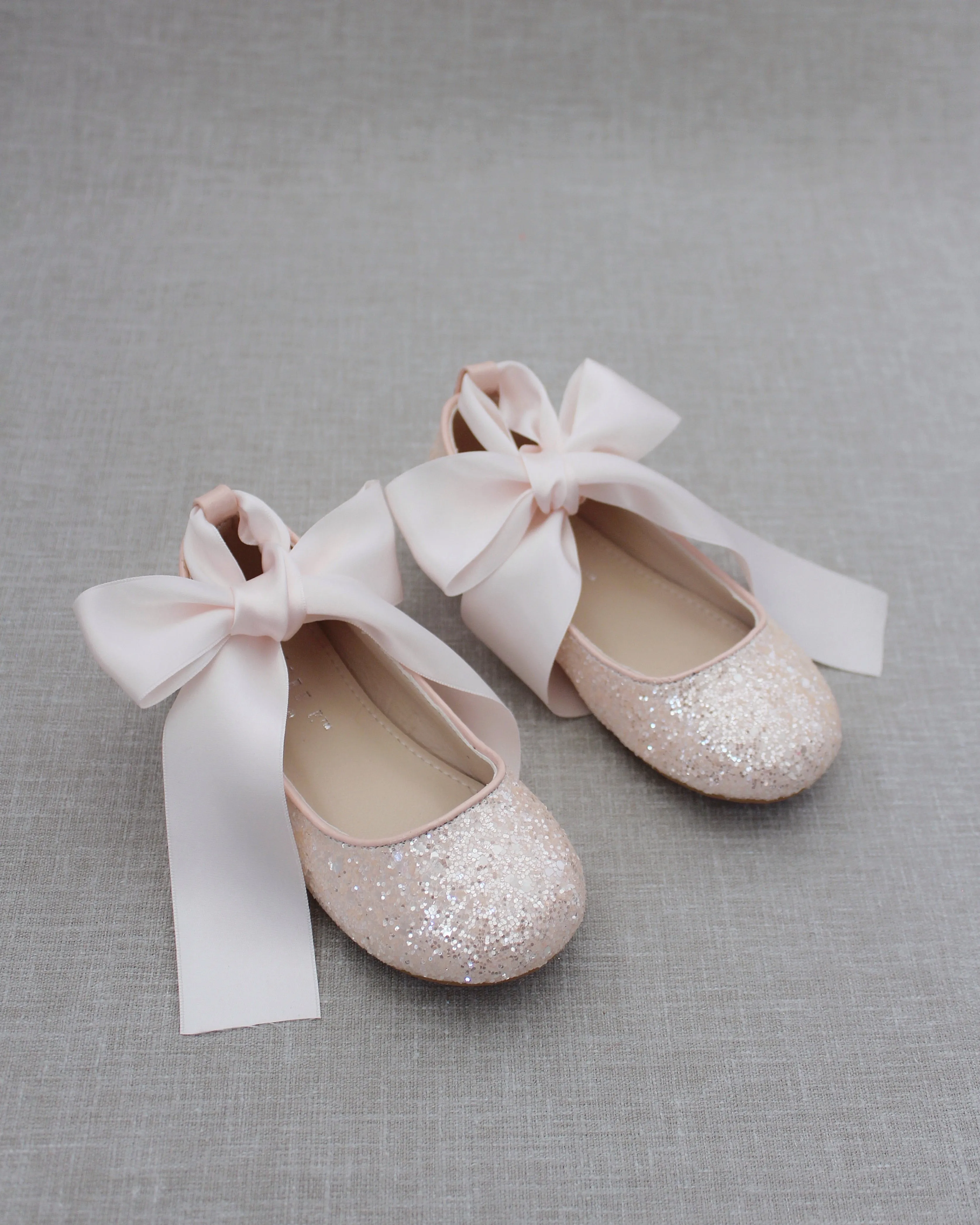 Dusty Pink Rock Glitter Ballet Flats with Satin Ankle Strap