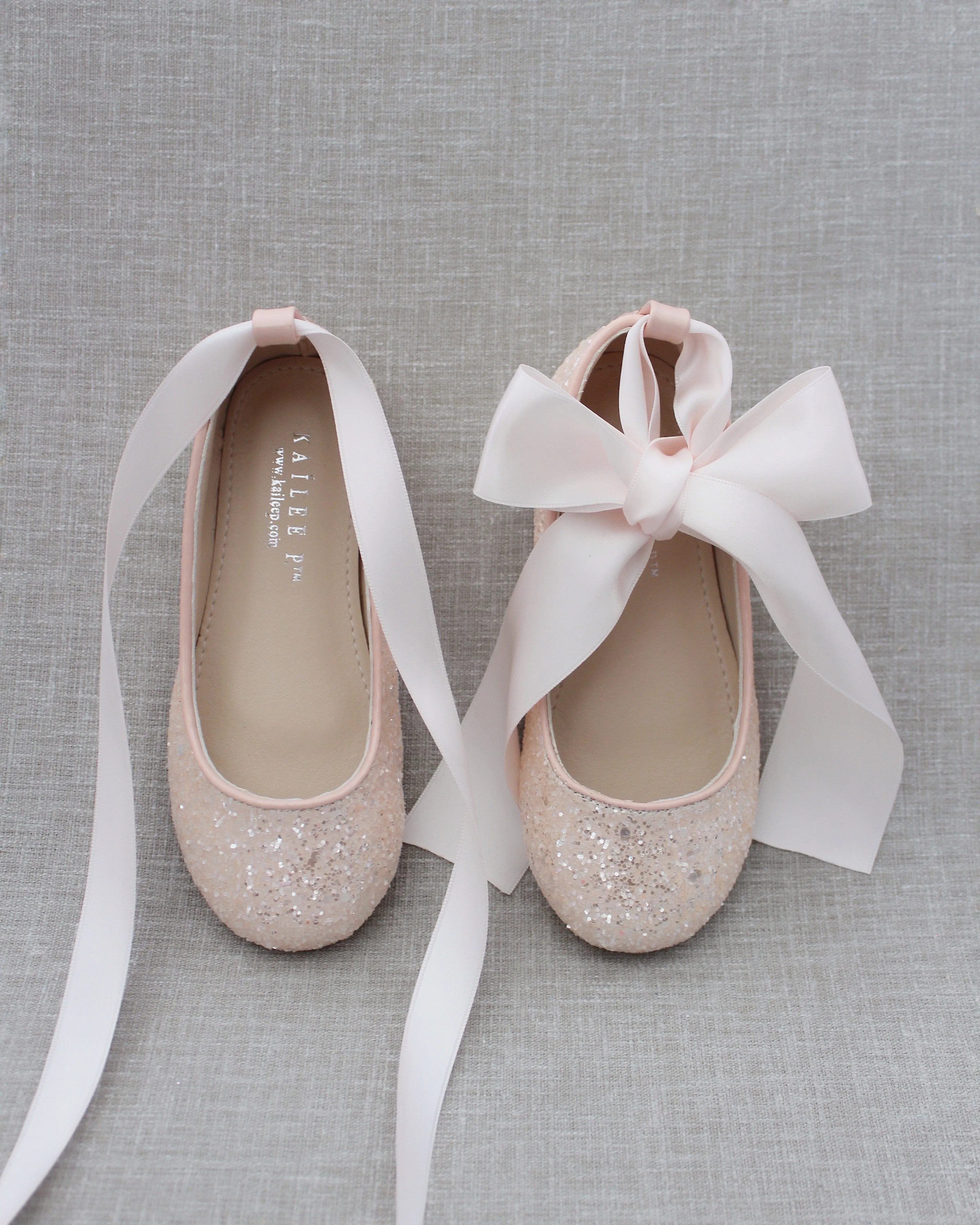 Dusty Pink Rock Glitter Ballet Flats with Satin Ankle Strap