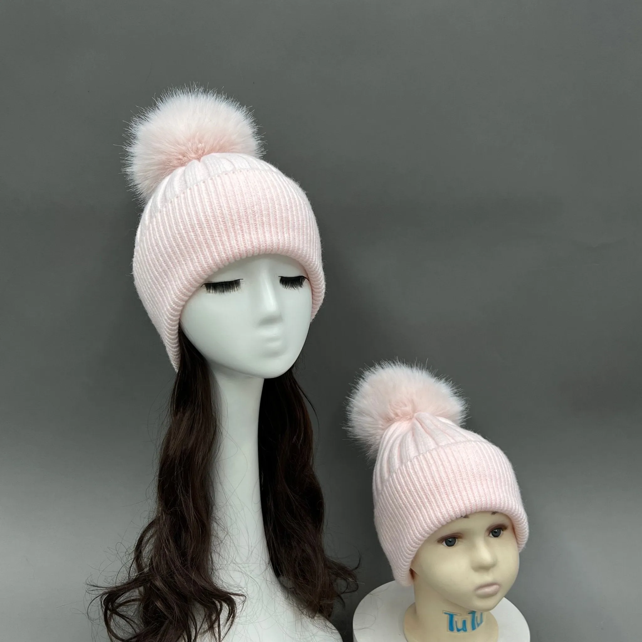 Childrens Baby Pink Faux Fur Bobble Hat