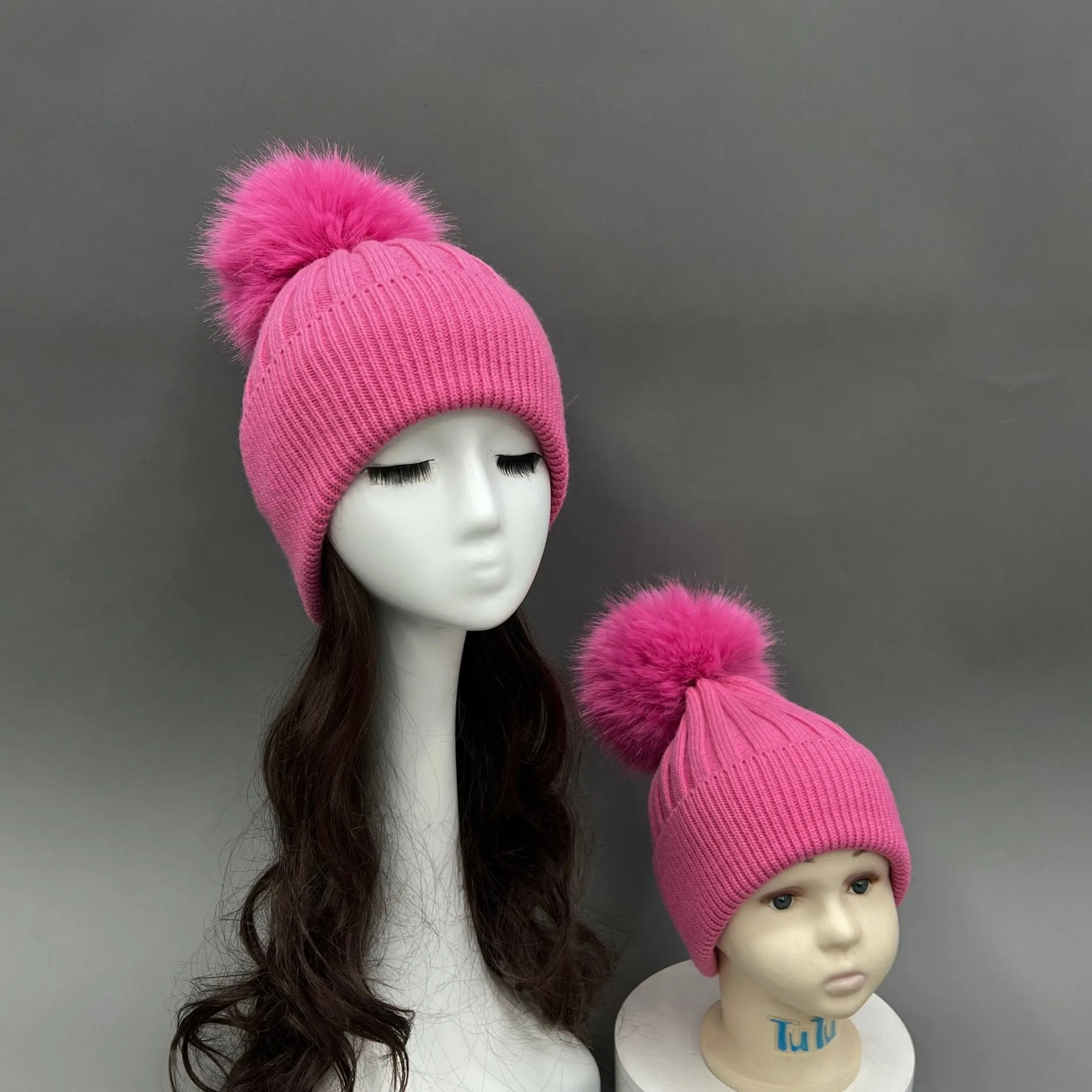 Childrens Hot Pink Faux Fur Bobble Hat