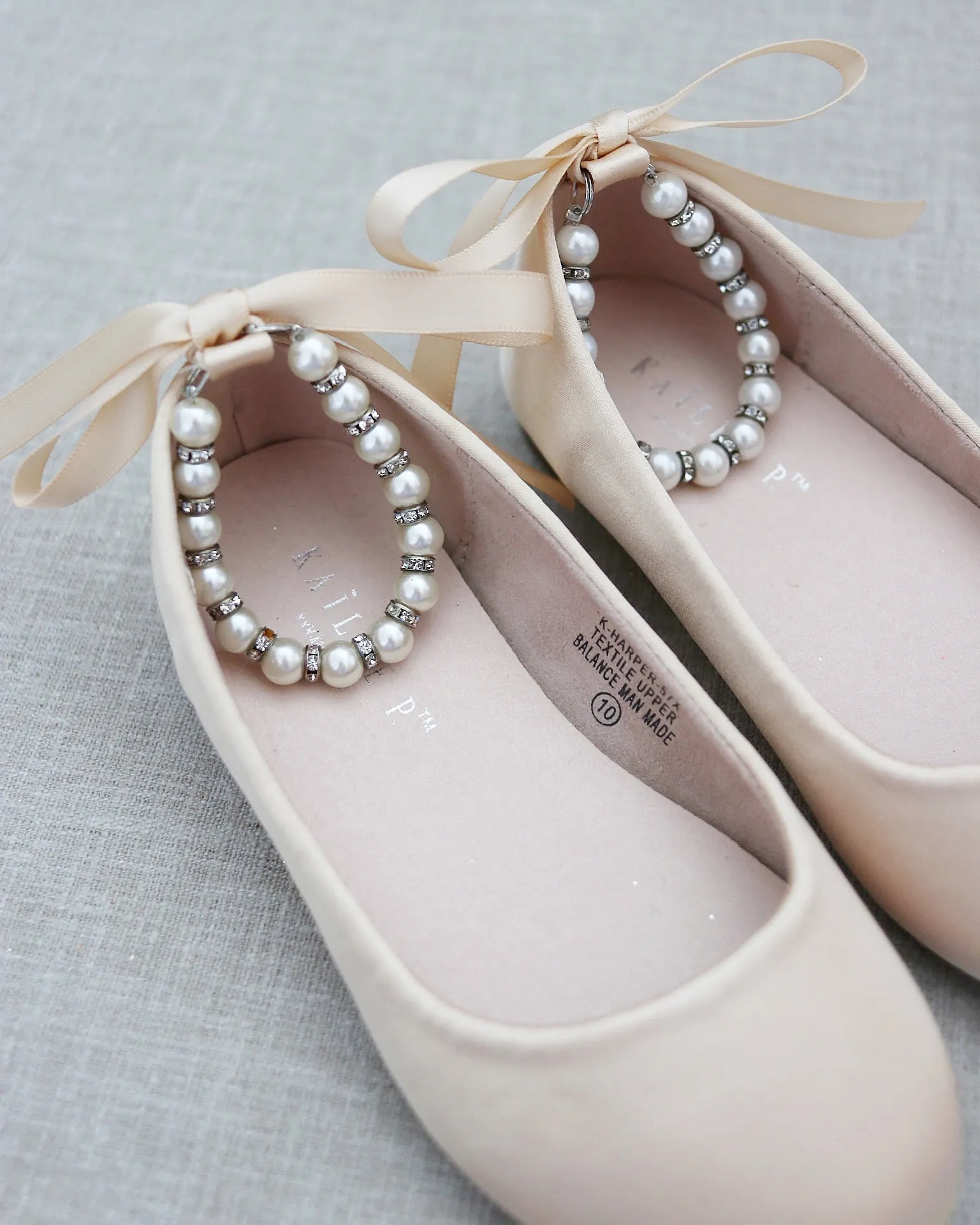 Champagne Satin Flats with Pearls Ankle Strap