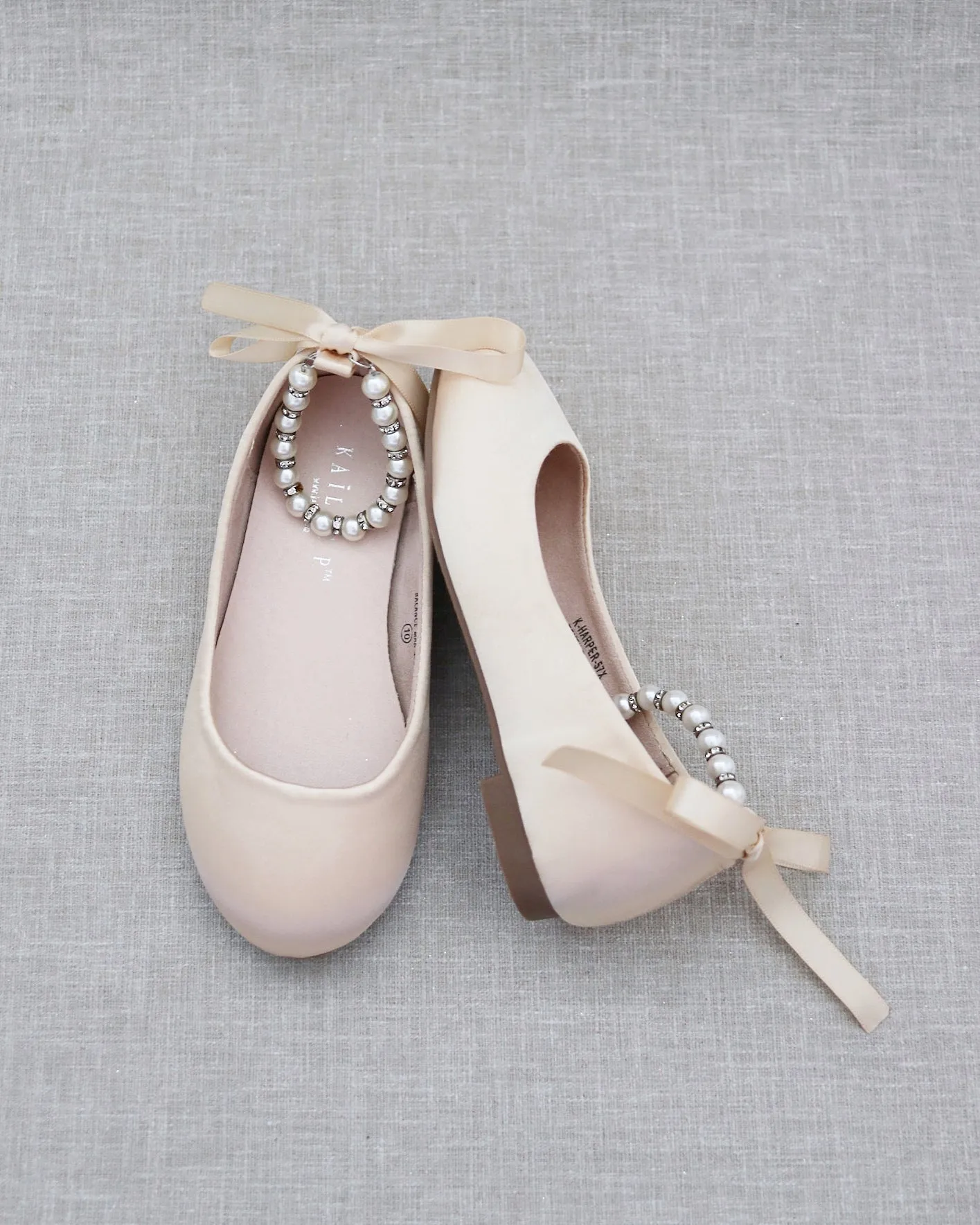 Champagne Satin Flats with Pearls Ankle Strap