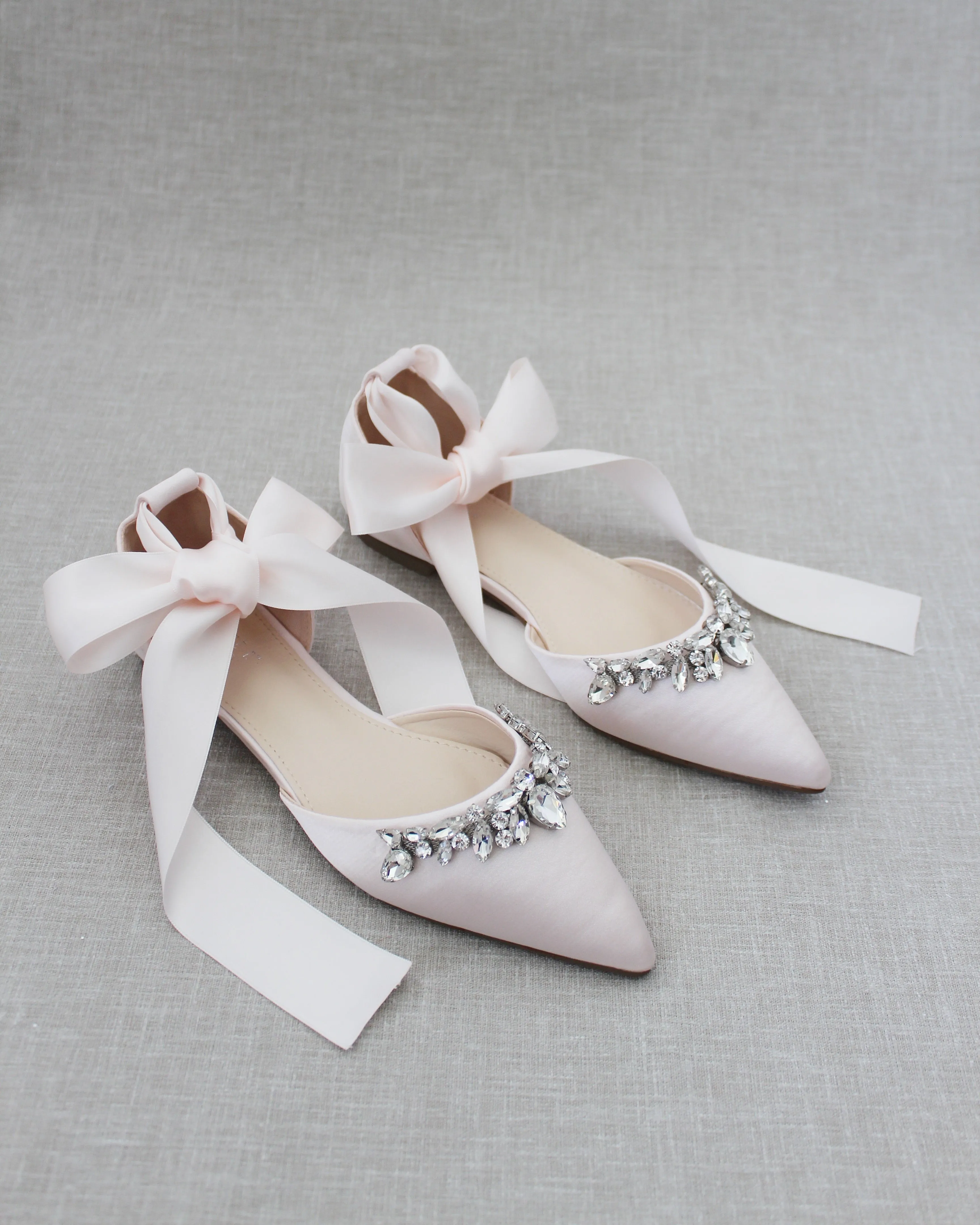 Dusty Pink Satin Pointy Toe Flats with Teardrop Rhinestones Embellishments