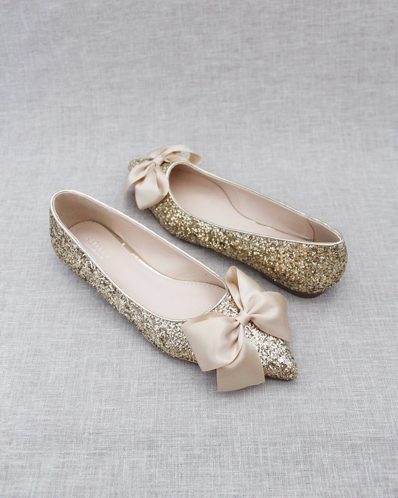 Gold Pointy Toe Glitter Evening Flats with Satin Bow