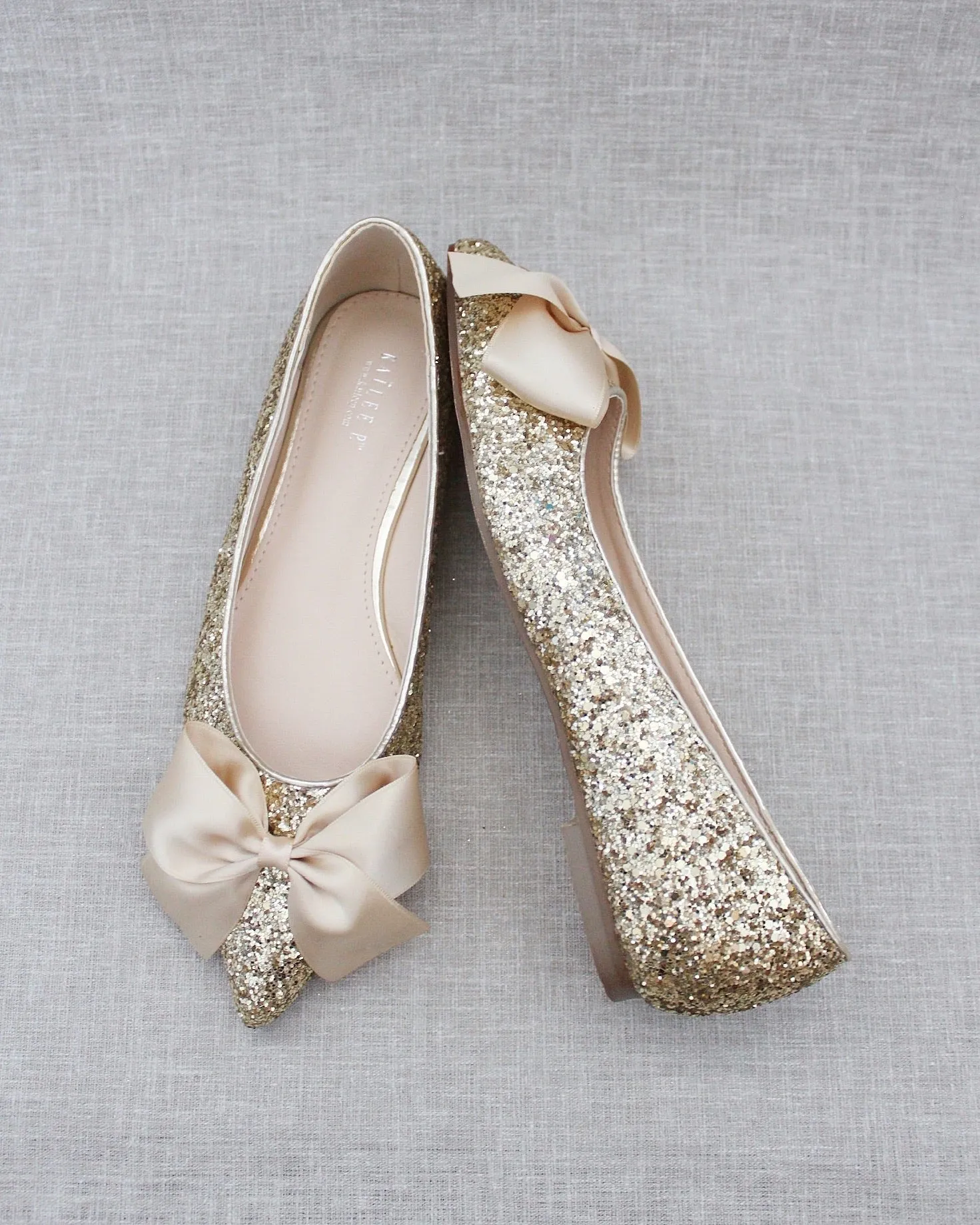 Gold Pointy Toe Glitter Evening Flats with Satin Bow