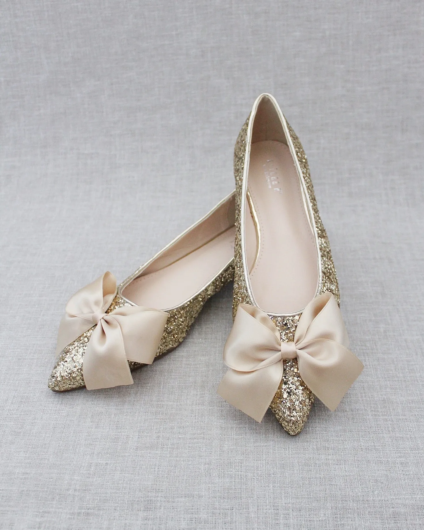 Gold Pointy Toe Glitter Evening Flats with Satin Bow