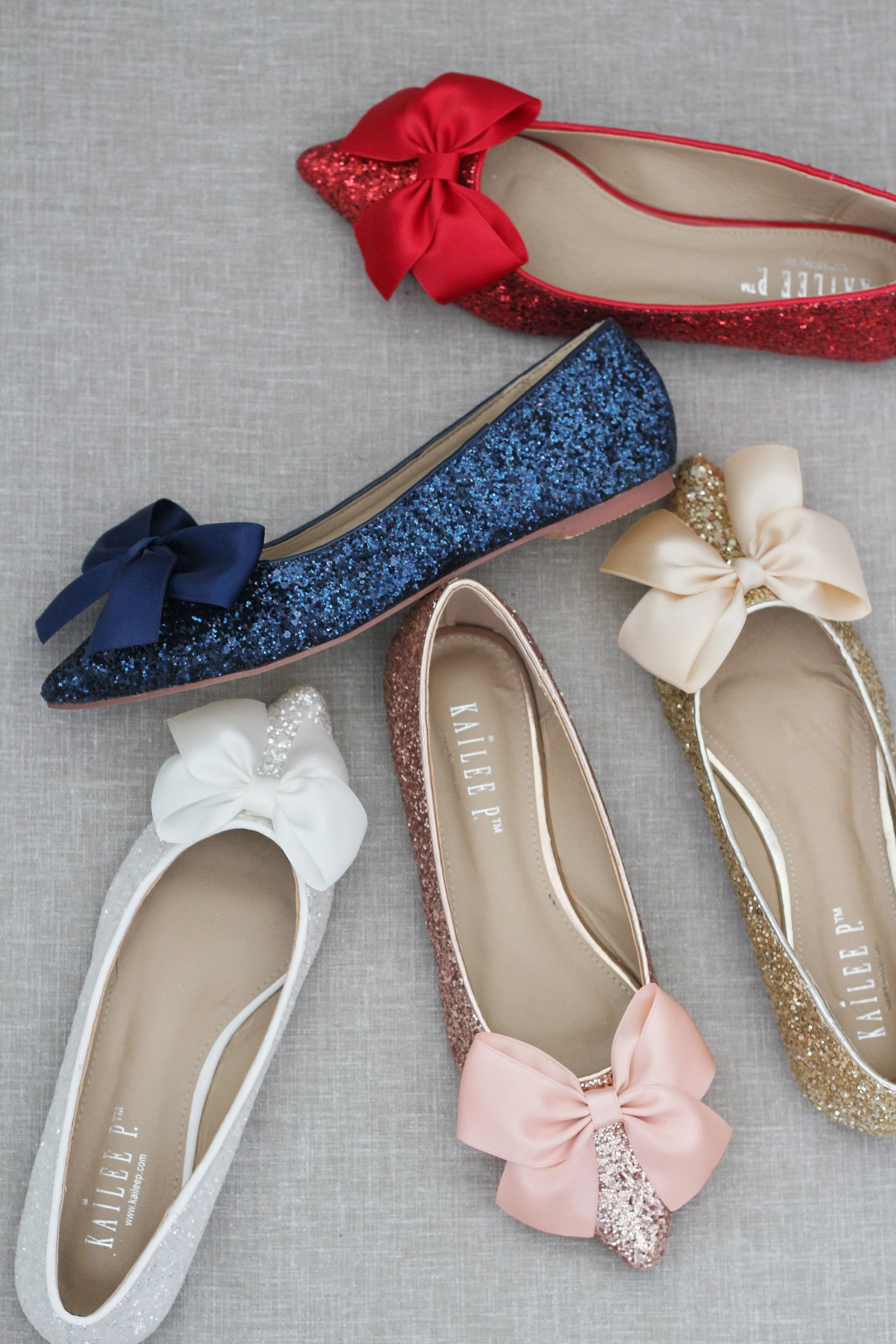 Gold Pointy Toe Glitter Evening Flats with Satin Bow