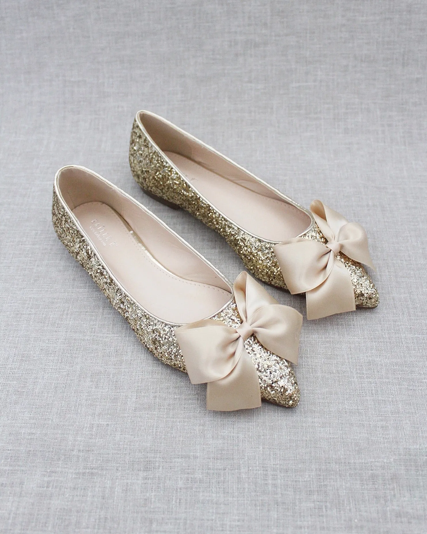 Gold Pointy Toe Glitter Evening Flats with Satin Bow