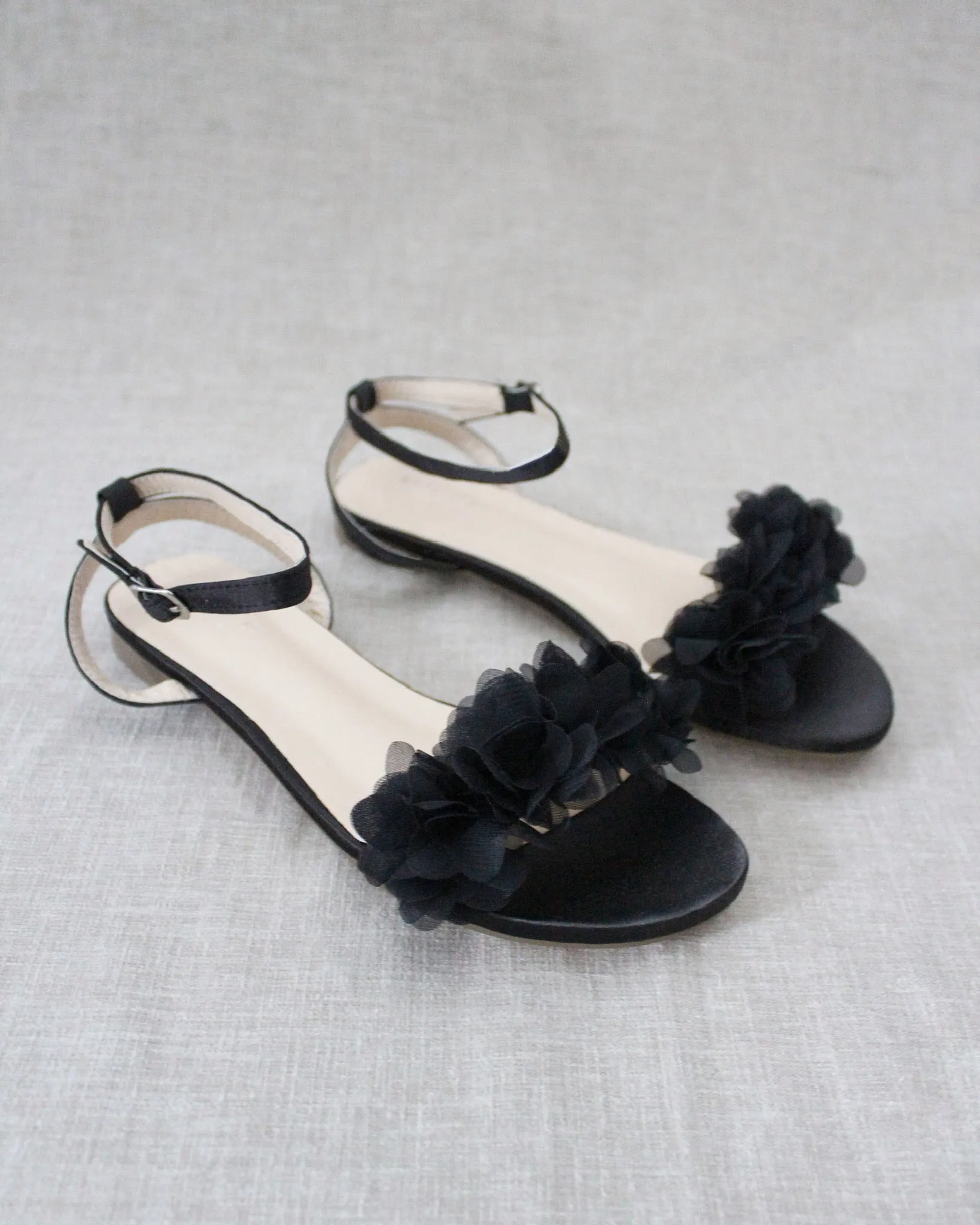 Black Satin Flat Sandal with Chiffon Flowers and Ankle Strap