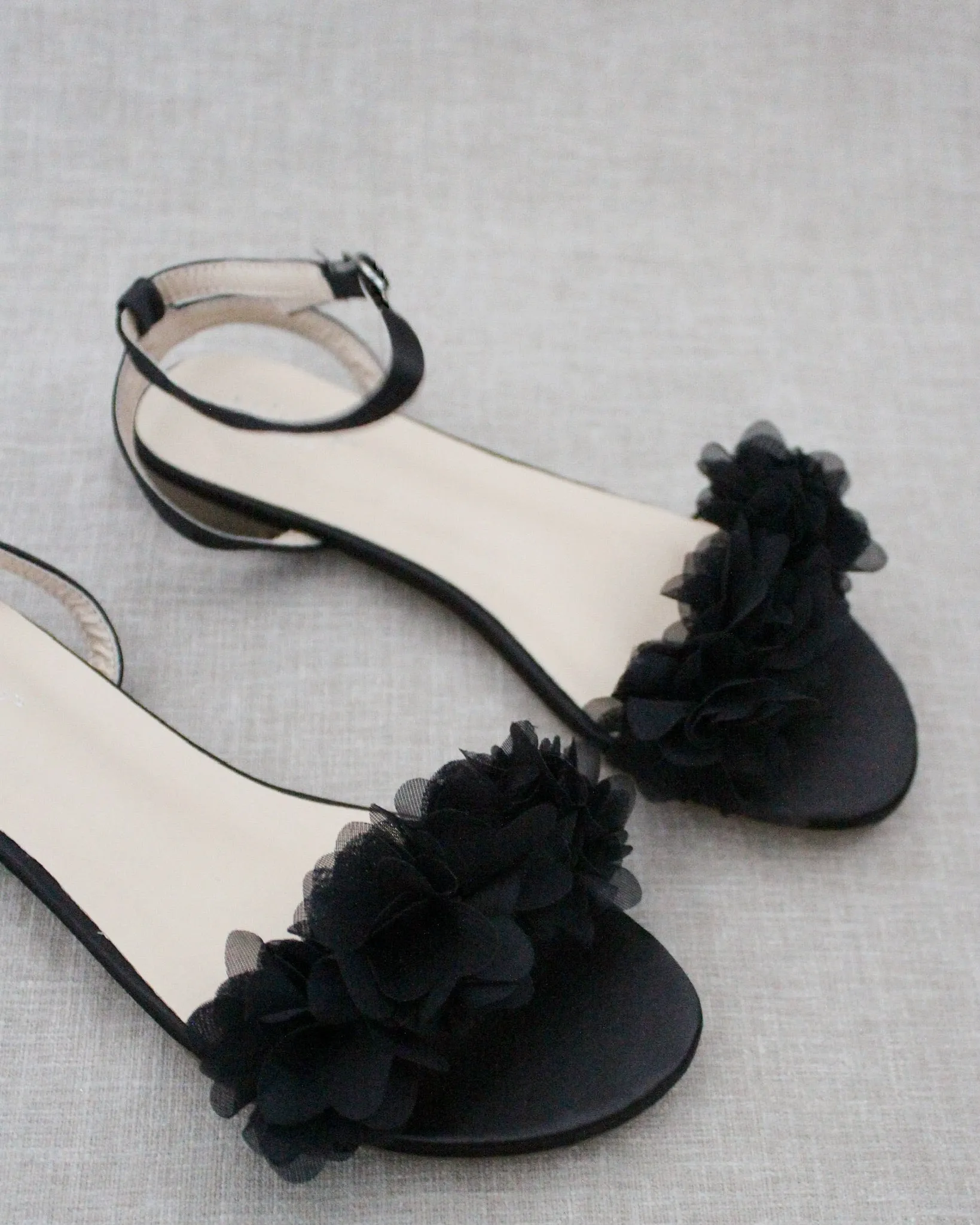 Black Satin Flat Sandal with Chiffon Flowers and Ankle Strap