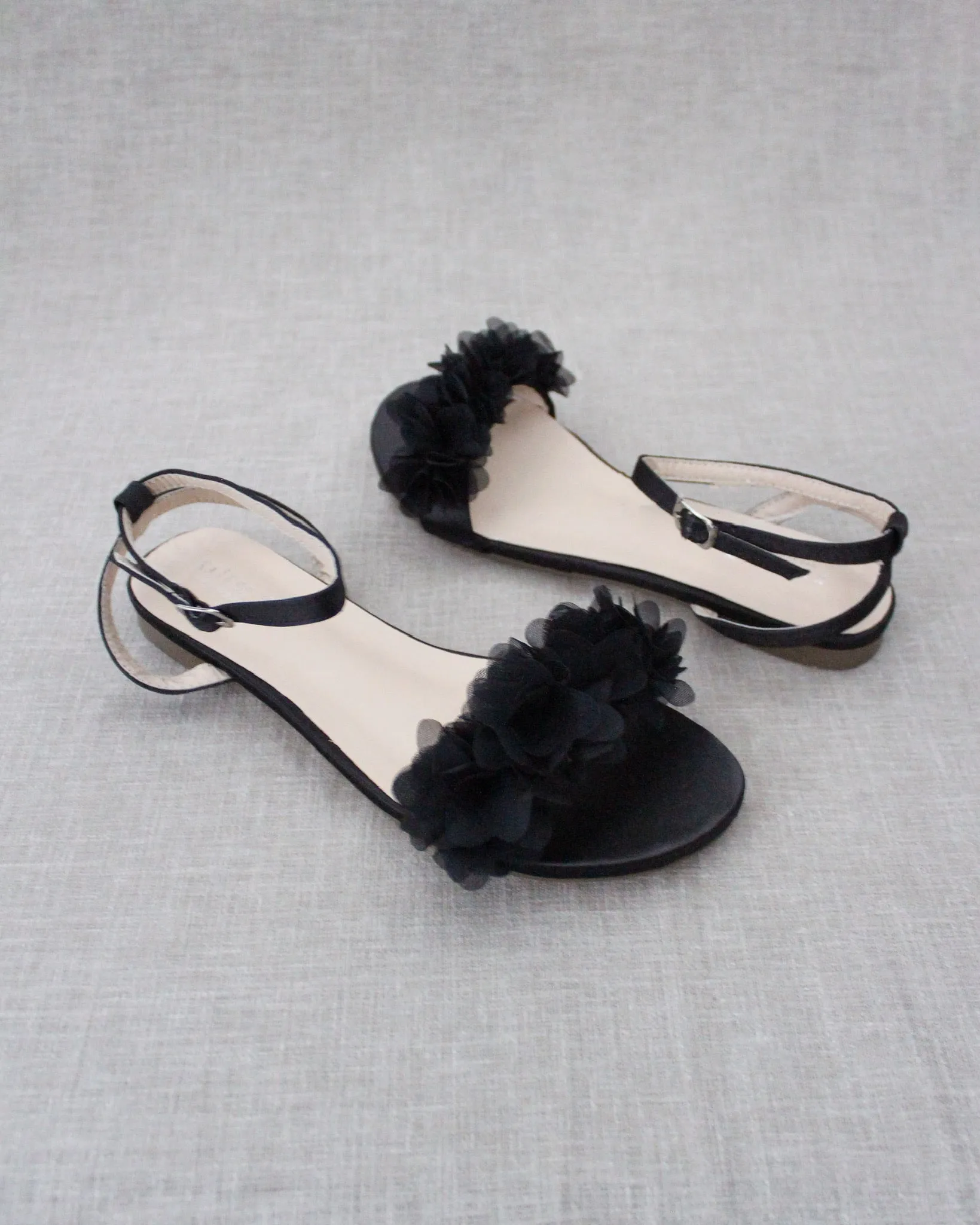 Black Satin Flat Sandal with Chiffon Flowers and Ankle Strap